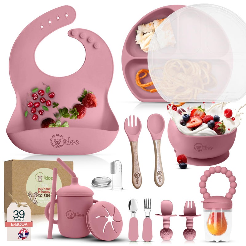 O'doe 17-Piece BPA-Free Silicone Baby Feeding Set | Thick & Soft Suction Plates, Baby Bowls, Wooden Fork & Spoon, and More | Make Mealtime Fun and Easy for Your Little One | Pink, V2 - Image 1